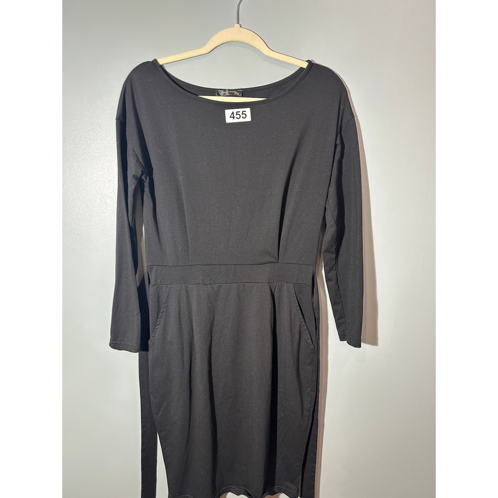 PrettyGarden Womens Black Long Sleeve Boat Neck Tie Waist Sheath Dress Medium